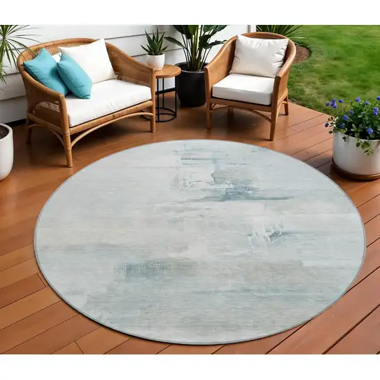 8' Sky Blue And Gray Round Abstract Washable Indoor Outdoor Area Rug Photo 2