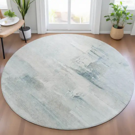 8' Sky Blue And Gray Round Abstract Washable Indoor Outdoor Area Rug Photo 5