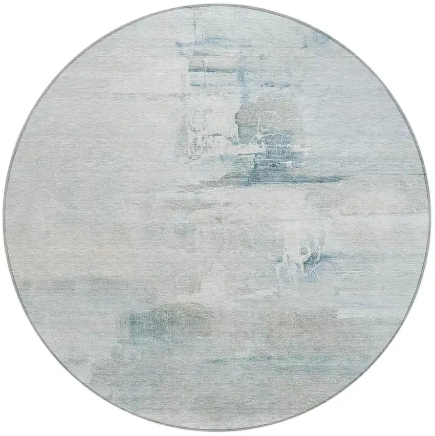 8' Sky Blue And Gray Round Abstract Washable Indoor Outdoor Area Rug Photo 3