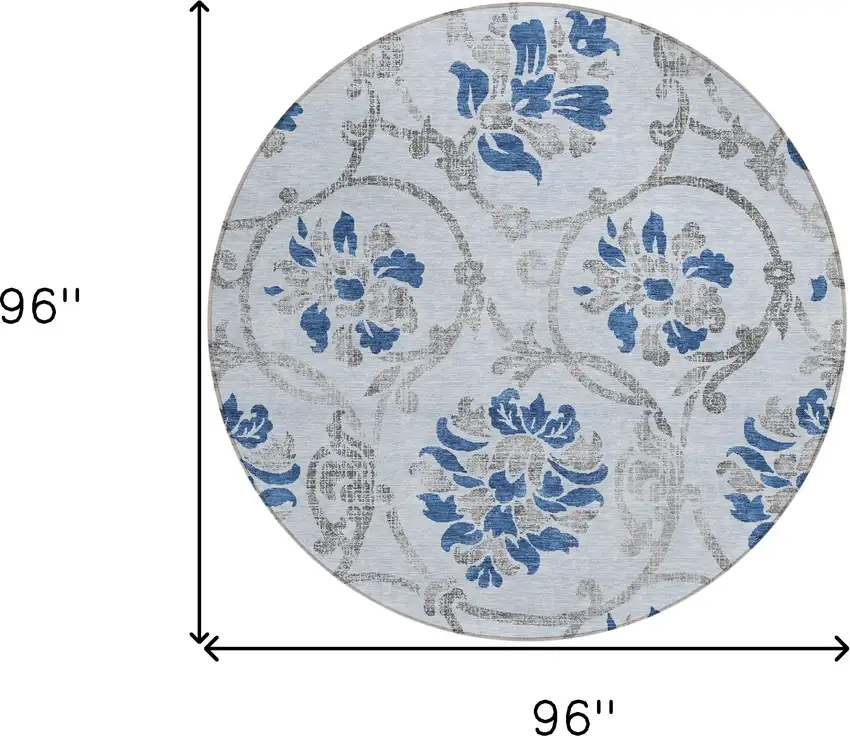 8' Sky Blue And Gray Round Floral Washable Indoor Outdoor Area Rug Photo 3