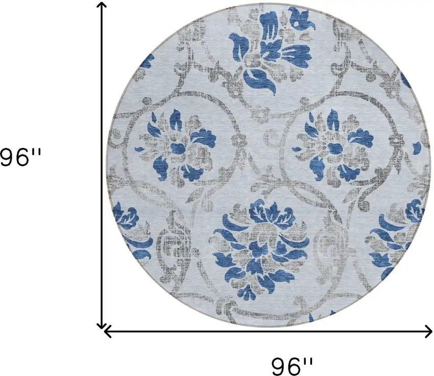 8' Sky Blue And Gray Round Floral Washable Indoor Outdoor Area Rug Photo 3