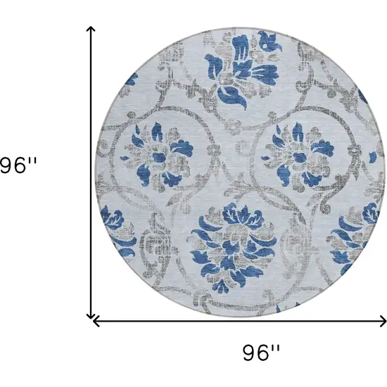 8' Sky Blue And Gray Round Floral Washable Indoor Outdoor Area Rug Photo 3