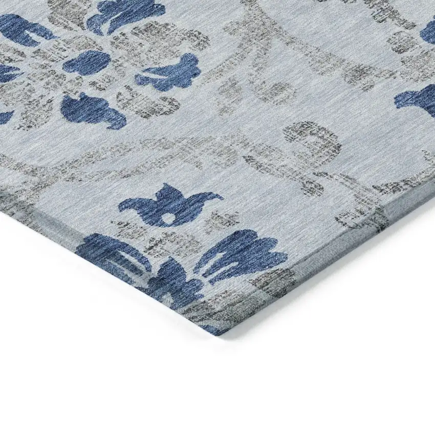 8' Sky Blue And Gray Round Floral Washable Indoor Outdoor Area Rug Photo 2