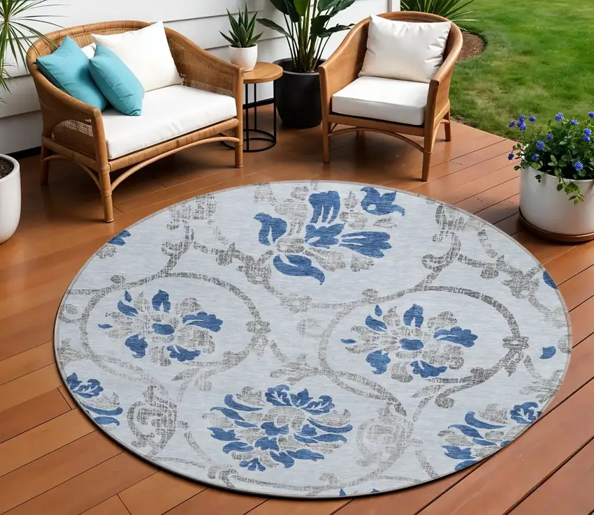 8' Sky Blue And Gray Round Floral Washable Indoor Outdoor Area Rug Photo 1