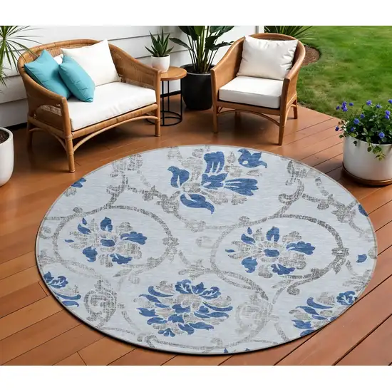8' Sky Blue And Gray Round Floral Washable Indoor Outdoor Area Rug Photo 1