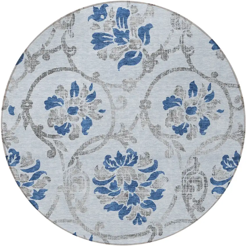 8' Sky Blue And Gray Round Floral Washable Indoor Outdoor Area Rug Photo 5