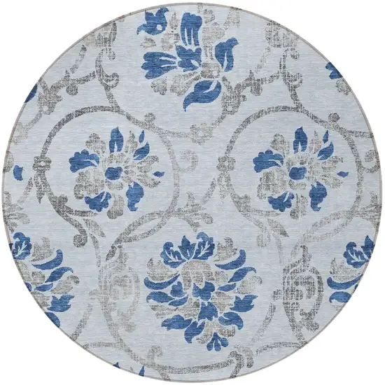 8' Sky Blue And Gray Round Floral Washable Indoor Outdoor Area Rug Photo 5