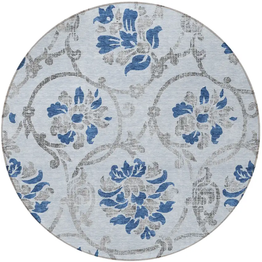 8' Sky Blue And Gray Round Floral Washable Indoor Outdoor Area Rug Photo 5
