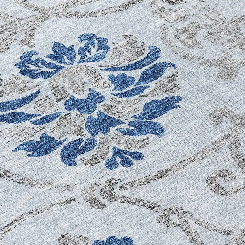 8' Sky Blue And Gray Round Floral Washable Indoor Outdoor Area Rug Photo 9