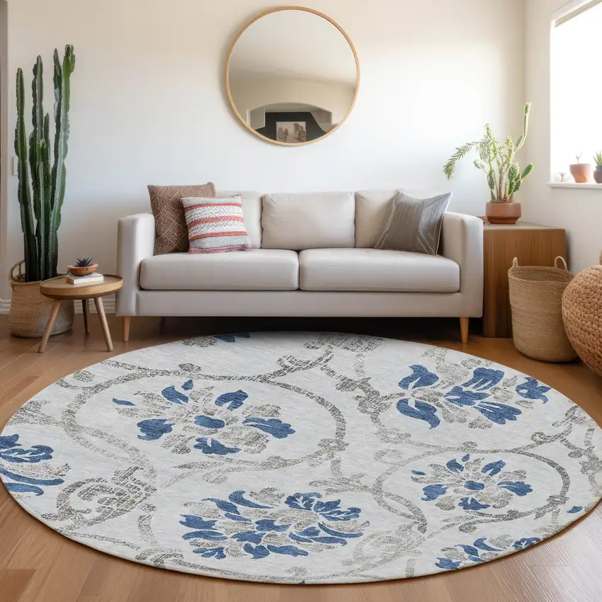 8' Sky Blue And Gray Round Floral Washable Indoor Outdoor Area Rug Photo 7