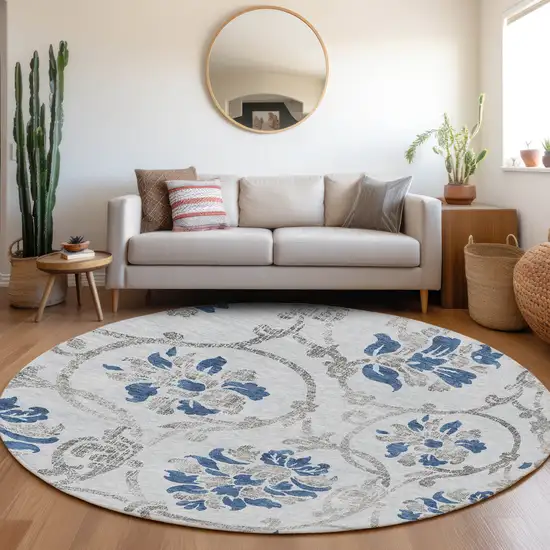 8' Sky Blue And Gray Round Floral Washable Indoor Outdoor Area Rug Photo 7