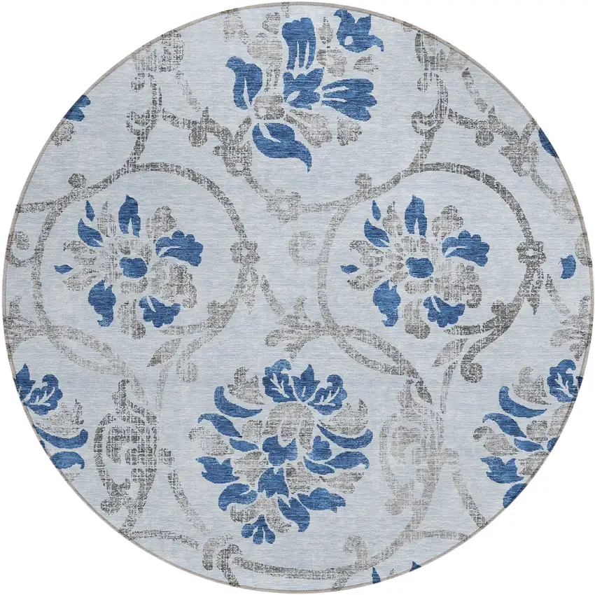 8' Sky Blue And Gray Round Floral Washable Indoor Outdoor Area Rug Photo 1