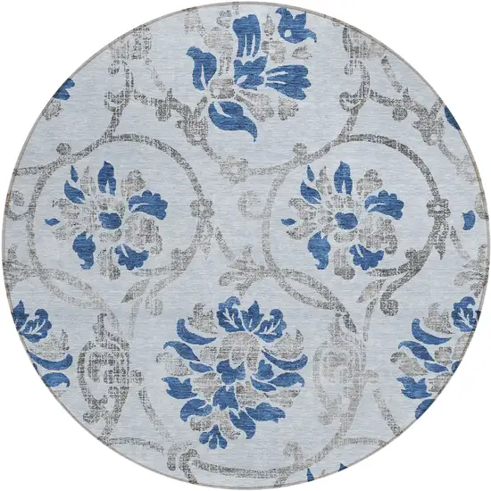8' Sky Blue And Gray Round Floral Washable Indoor Outdoor Area Rug Photo 1