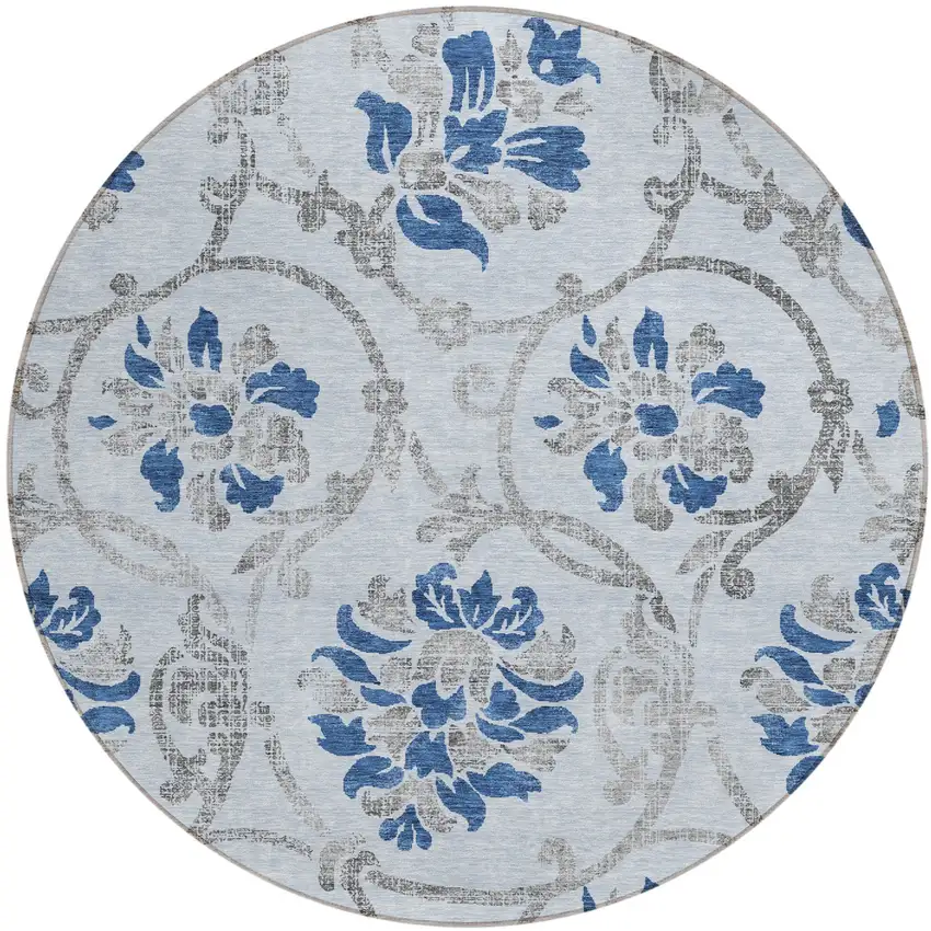 8' Sky Blue And Gray Round Floral Washable Indoor Outdoor Area Rug Photo 1