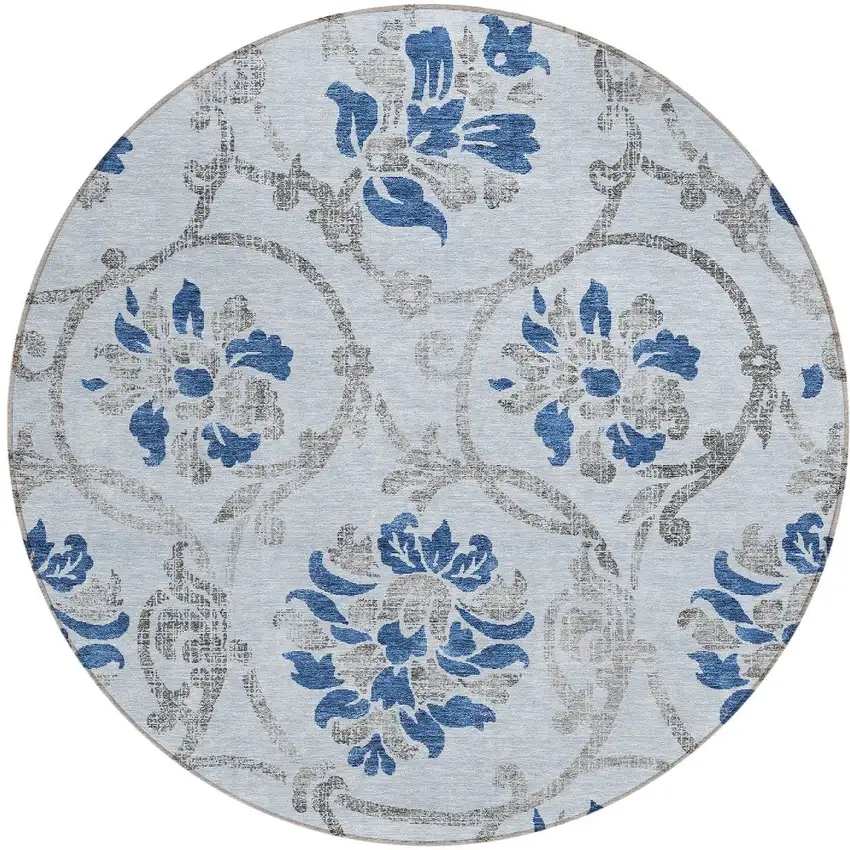 8' Sky Blue And Gray Round Floral Washable Indoor Outdoor Area Rug Photo 4