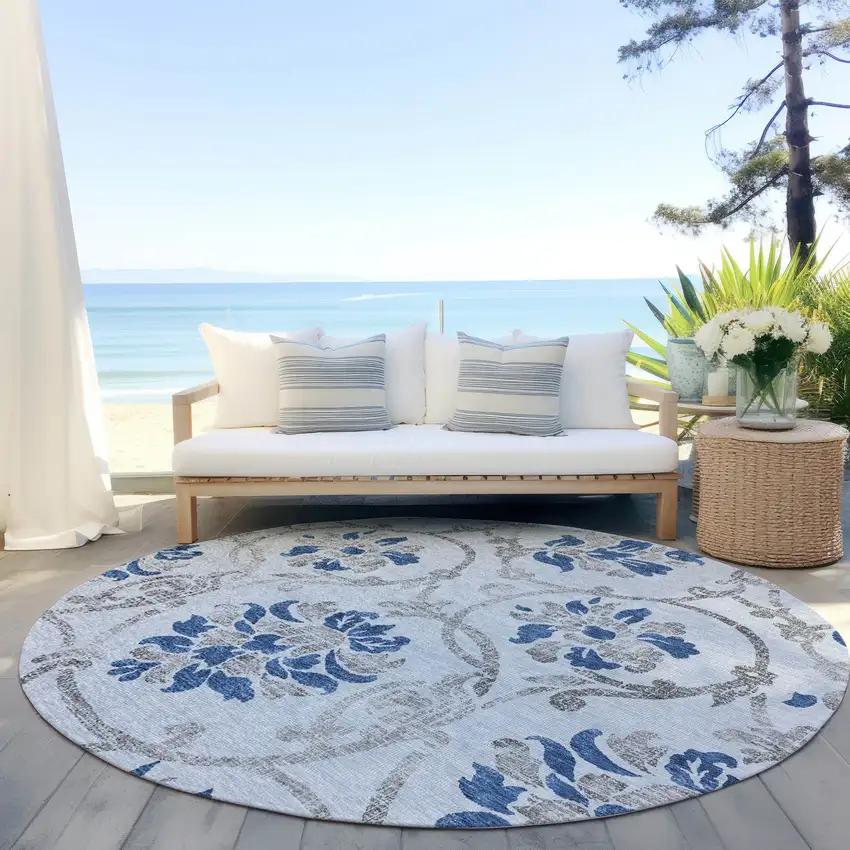 8' Sky Blue And Gray Round Floral Washable Indoor Outdoor Area Rug Photo 6