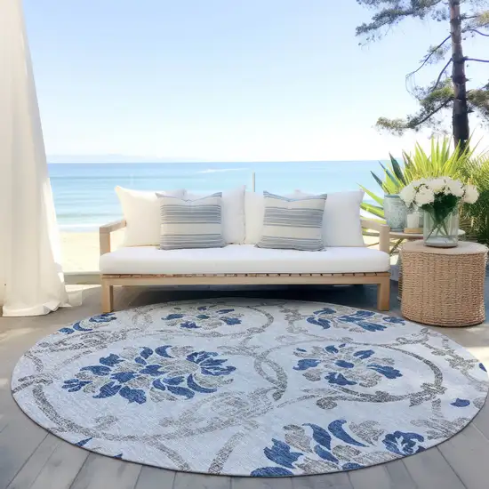 8' Sky Blue And Gray Round Floral Washable Indoor Outdoor Area Rug Photo 6