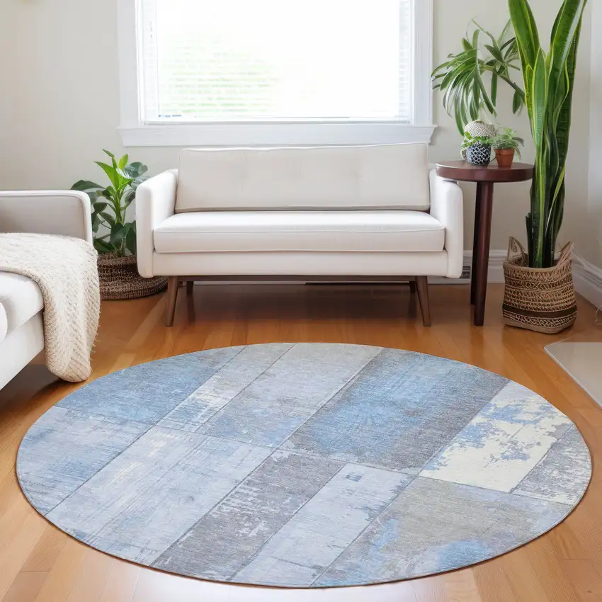 8' Sky Blue And Gray Round Geometric Washable Indoor Outdoor Area Rug Photo 6