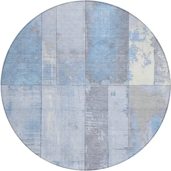 8' Sky Blue And Gray Round Geometric Washable Indoor Outdoor Area Rug Photo 1