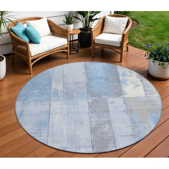 8' Sky Blue And Gray Round Geometric Washable Indoor Outdoor Area Rug Photo 2