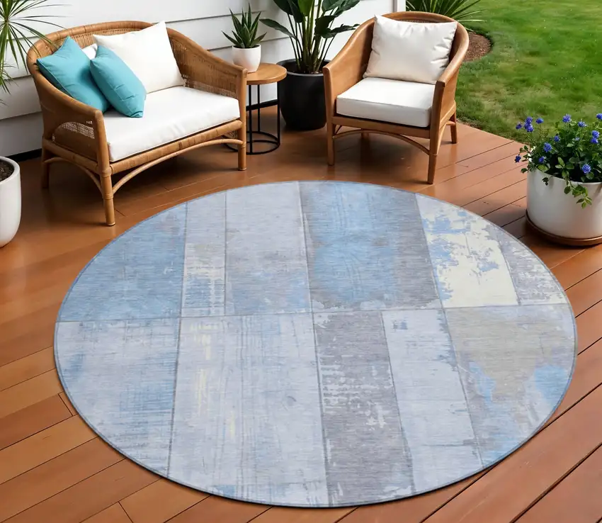 8' Sky Blue And Gray Round Geometric Washable Indoor Outdoor Area Rug Photo 2