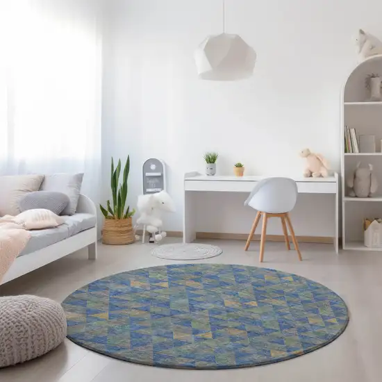 8' Sky Blue And Gray Round Geometric Washable Indoor Outdoor Area Rug Photo 6