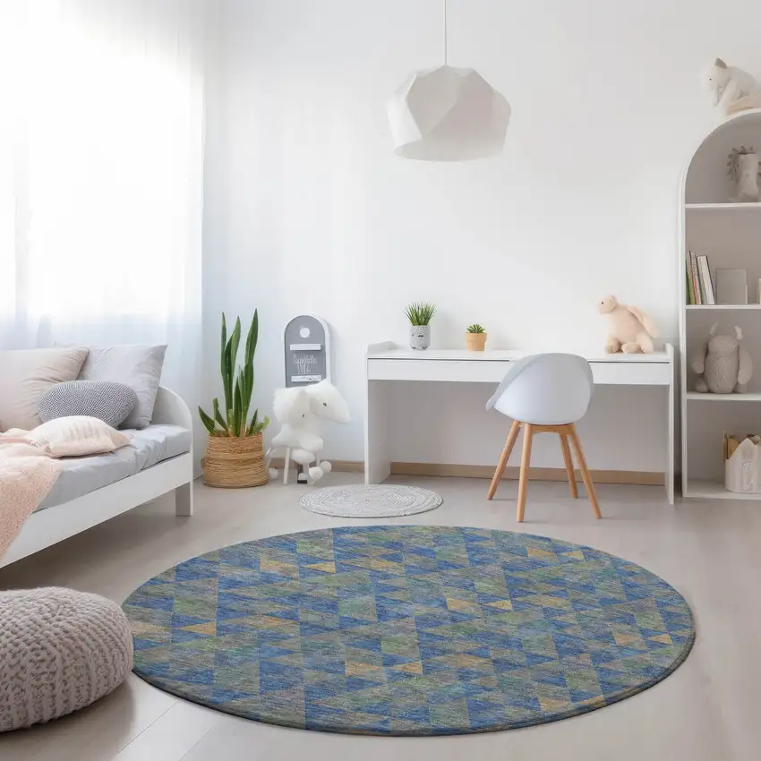 8' Sky Blue And Gray Round Geometric Washable Indoor Outdoor Area Rug Photo 6