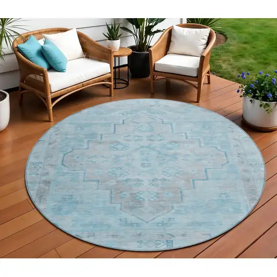 8' Sky Blue And Gray Round Medallion Washable Indoor Outdoor Area Rug Photo 2