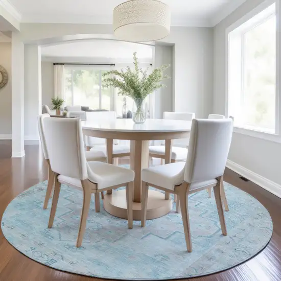 8' Sky Blue And Gray Round Medallion Washable Indoor Outdoor Area Rug Photo 6