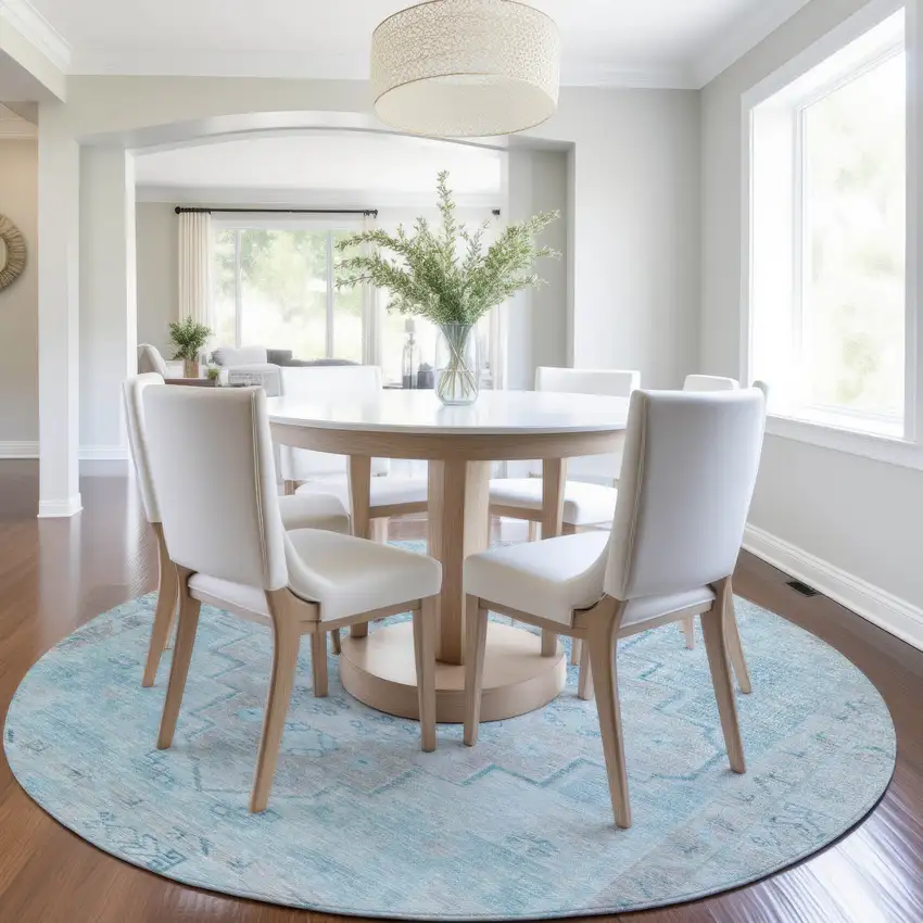 8' Sky Blue And Gray Round Medallion Washable Indoor Outdoor Area Rug Photo 6