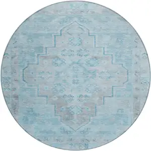 Photo of 8' Sky Blue And Gray Round Medallion Washable Indoor Outdoor Area Rug