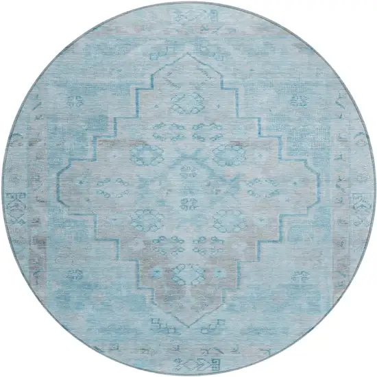 8' Sky Blue And Gray Round Medallion Washable Indoor Outdoor Area Rug Photo 1