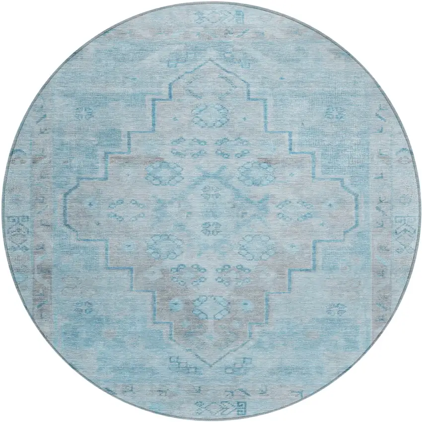8' Sky Blue And Gray Round Medallion Washable Indoor Outdoor Area Rug Photo 1