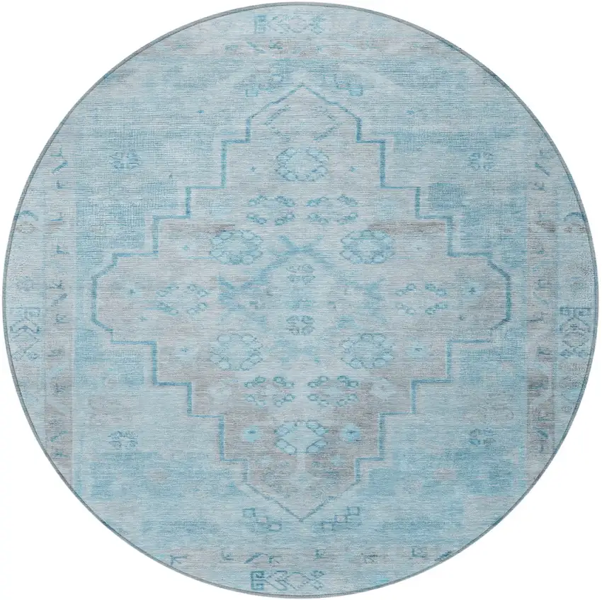 8' Sky Blue And Gray Round Medallion Washable Indoor Outdoor Area Rug Photo 4