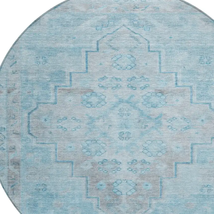 8' Sky Blue And Gray Round Medallion Washable Indoor Outdoor Area Rug Photo 8