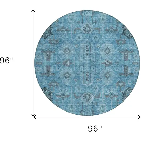 8' Sky Blue And Gray Round Oriental Washable Indoor Outdoor Area Rug Photo 8
