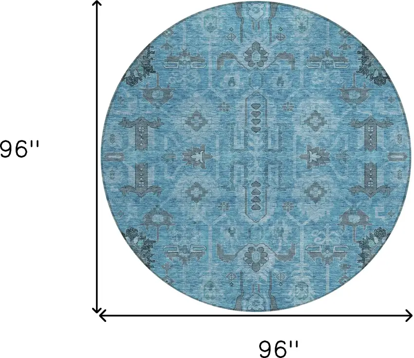 8' Sky Blue And Gray Round Oriental Washable Indoor Outdoor Area Rug Photo 8