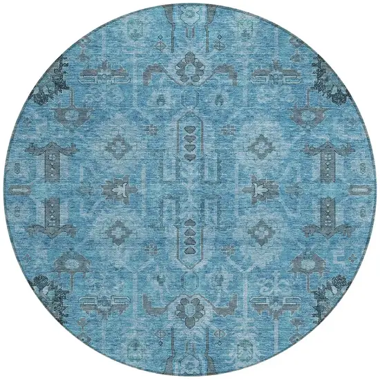 8' Sky Blue And Gray Round Oriental Washable Indoor Outdoor Area Rug Photo 4