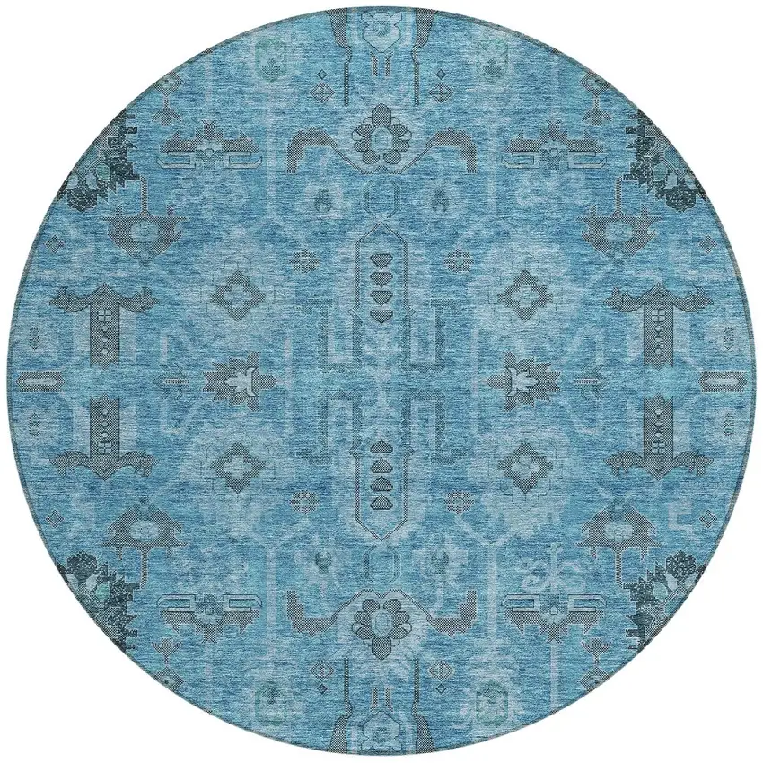 8' Sky Blue And Gray Round Oriental Washable Indoor Outdoor Area Rug Photo 4