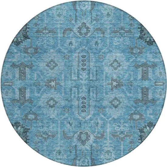 8' Sky Blue And Gray Round Oriental Washable Indoor Outdoor Area Rug Photo 1