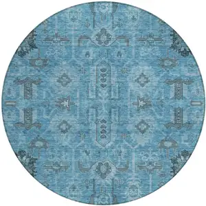 Photo of 8' Sky Blue And Gray Round Oriental Washable Indoor Outdoor Area Rug