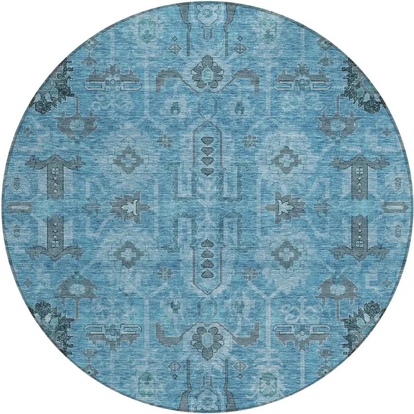 8' Sky Blue And Gray Round Oriental Washable Indoor Outdoor Area Rug Photo 1
