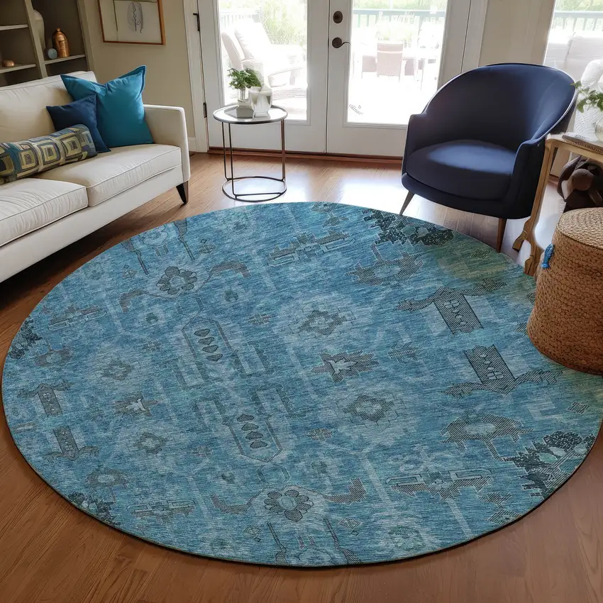 8' Sky Blue And Gray Round Oriental Washable Indoor Outdoor Area Rug Photo 7