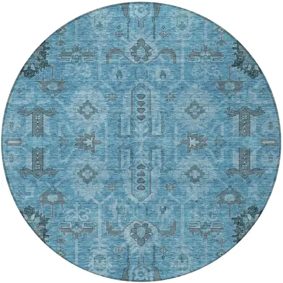 8' Sky Blue And Gray Round Oriental Washable Indoor Outdoor Area Rug Photo 5