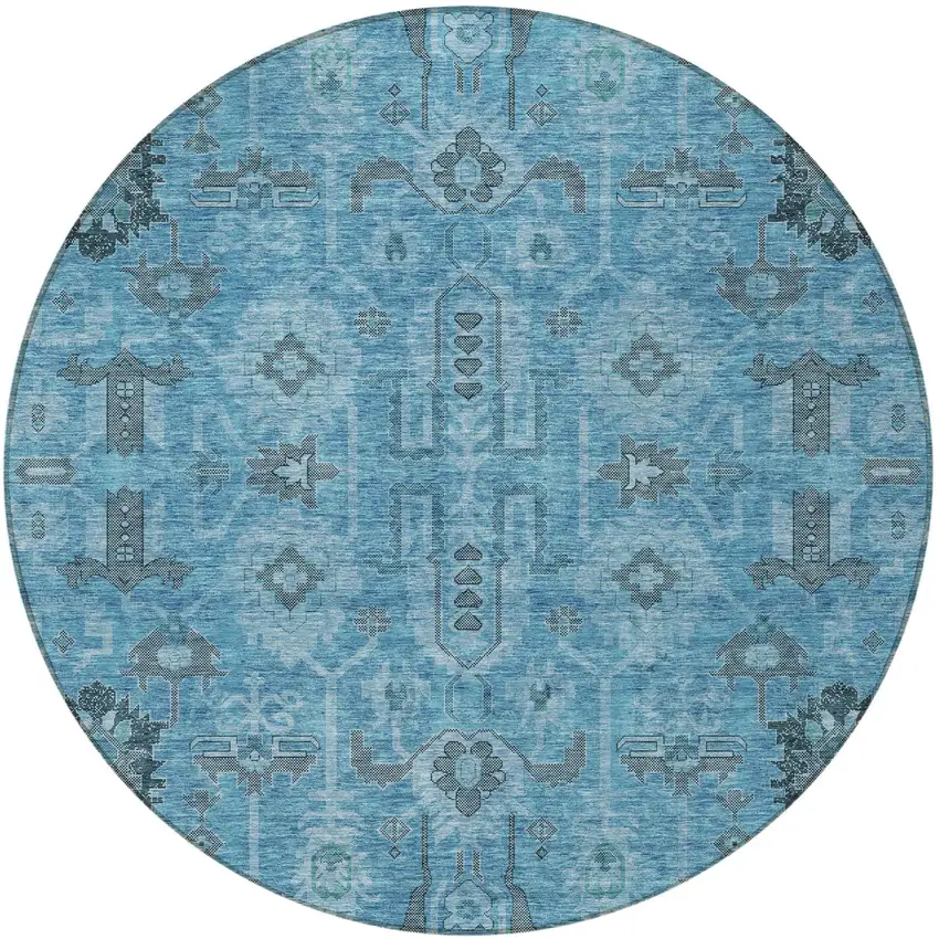 8' Sky Blue And Gray Round Oriental Washable Indoor Outdoor Area Rug Photo 5