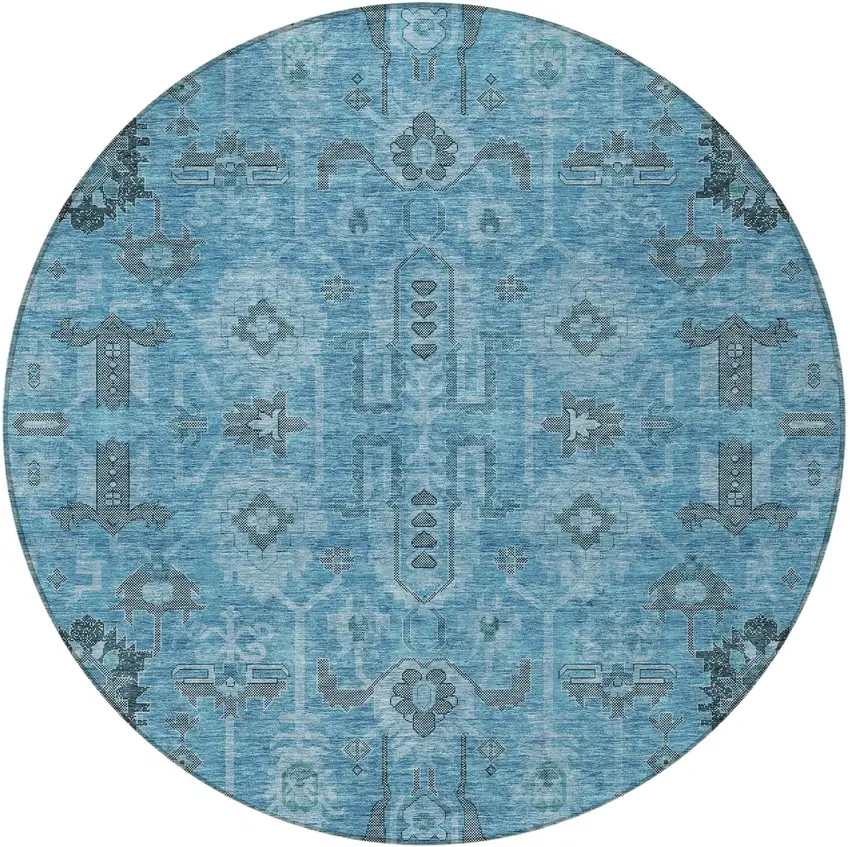 8' Sky Blue And Gray Round Oriental Washable Indoor Outdoor Area Rug Photo 5