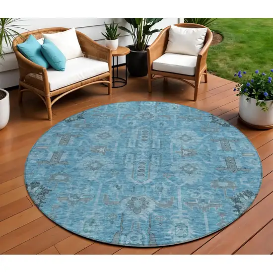 8' Sky Blue And Gray Round Oriental Washable Indoor Outdoor Area Rug Photo 1