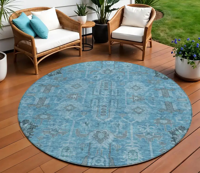 8' Sky Blue And Gray Round Oriental Washable Indoor Outdoor Area Rug Photo 1