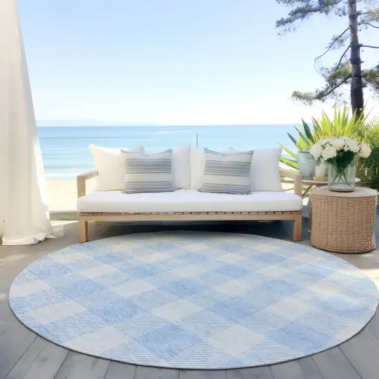 8' Sky Blue And Gray Round Plaid Washable Indoor Outdoor Area Rug Photo 6