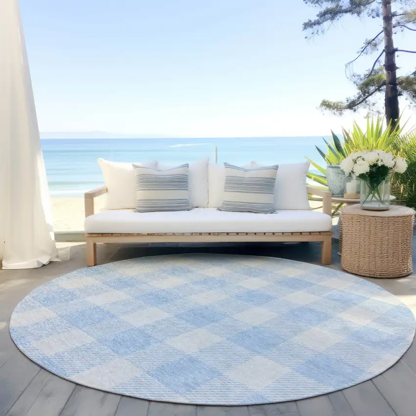 8' Sky Blue And Gray Round Plaid Washable Indoor Outdoor Area Rug Photo 6